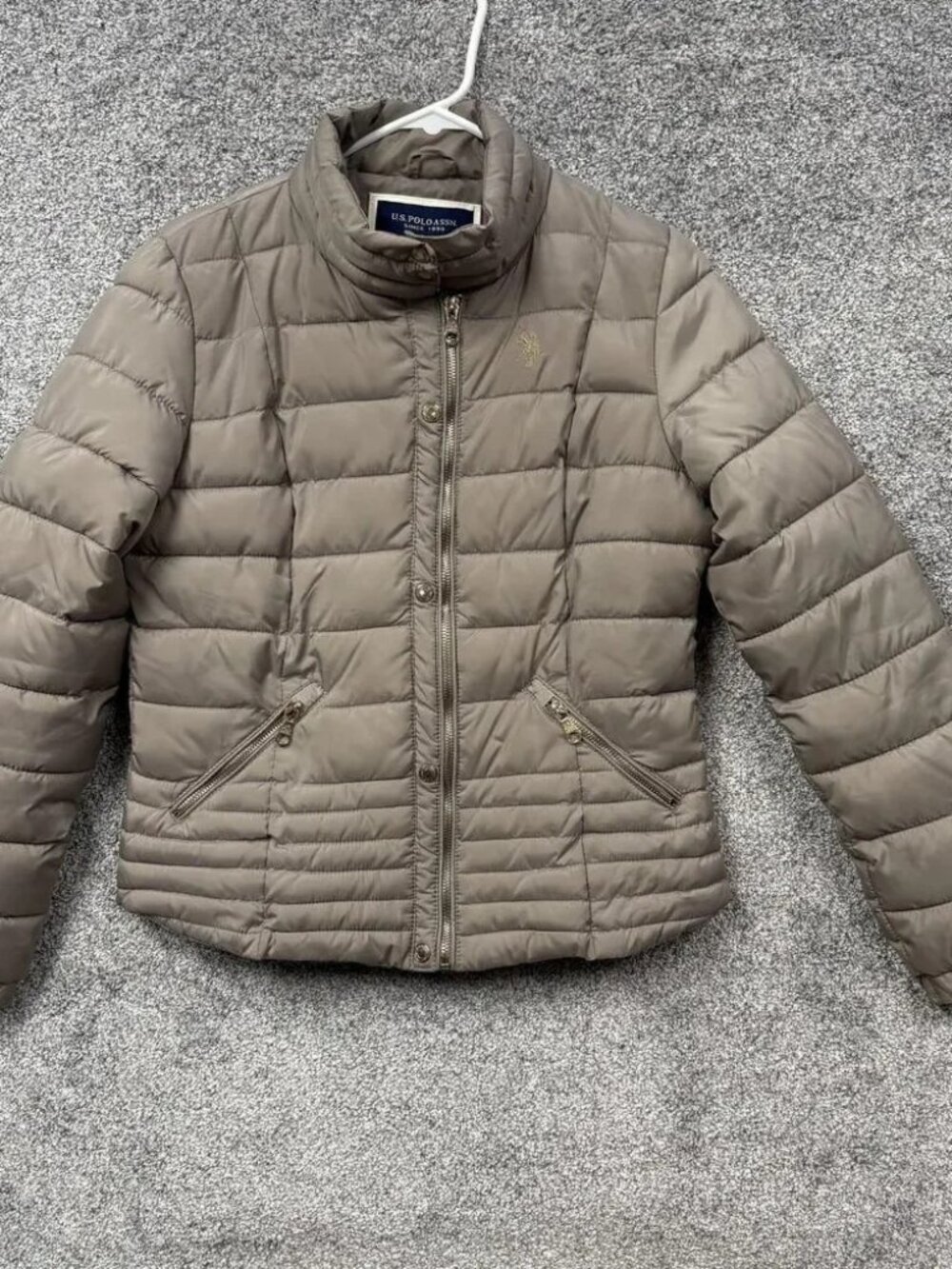 U.S. Polo Assn. Jacket Womens Medium Beige Quilted Puffer Full Zip Warm Winter